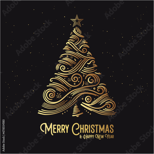 abstract merry christmas and happy new year golden design poster, greeting card on black background with xmas tree vector, illustration. modern elegant luxury clean template design confetti and star