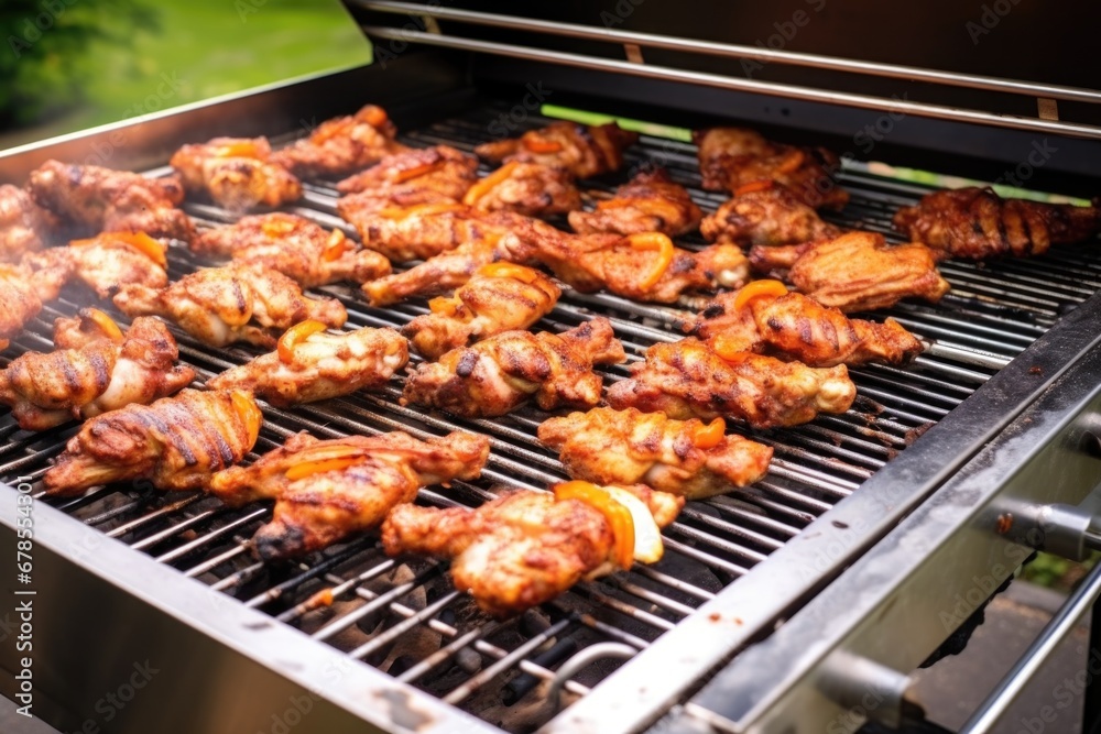 stainless steel bbq grill with barbecuing chicken wings