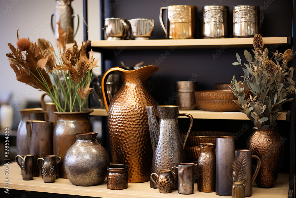 Various bronze jugs on shelves in a souvenir shop. Generative AI