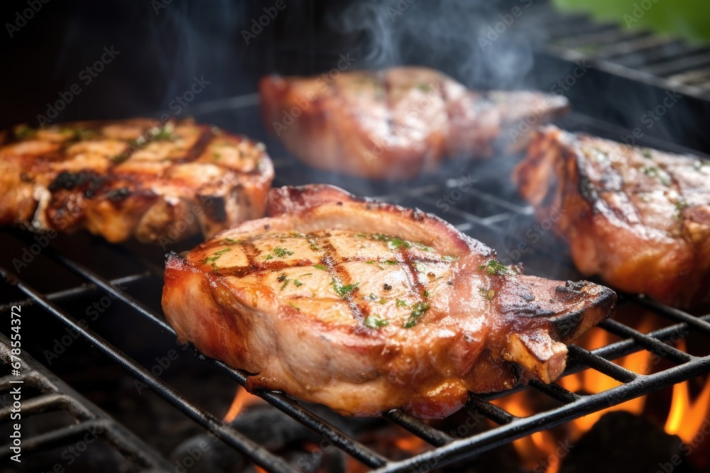 pork chops on a bbq grill with smoke rising