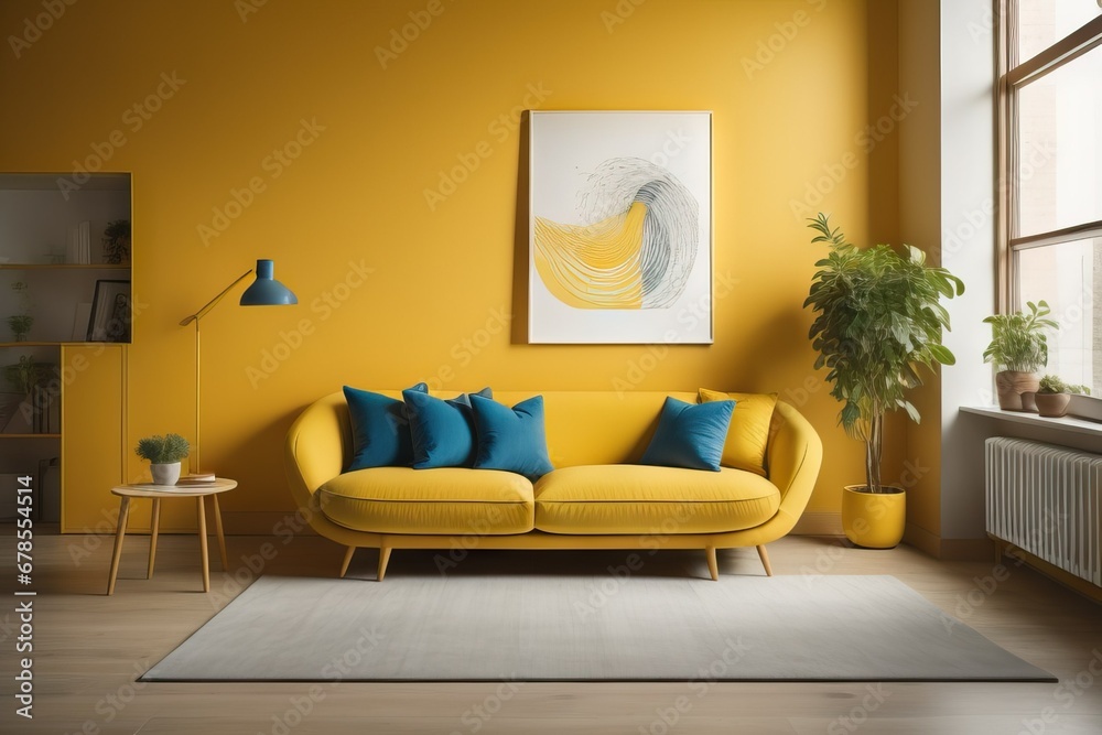 Vibrant yellow curved sofa with blue pillows. Loft minimalist style