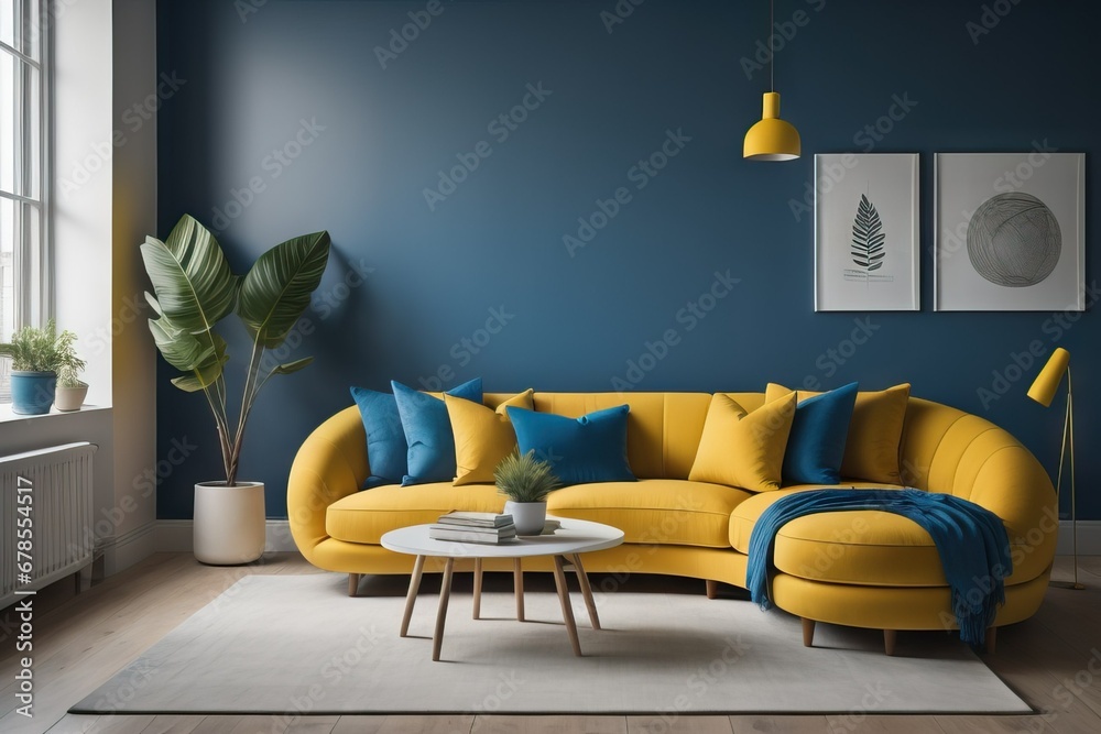 Vibrant yellow curved sofa with blue pillows. Loft minimalist style