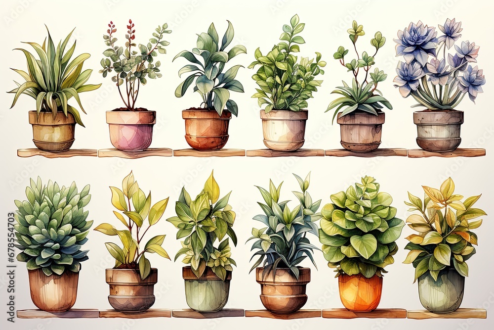 Watercolor set of various house plants in clay pots Watercolor set of various house plants in clay pots