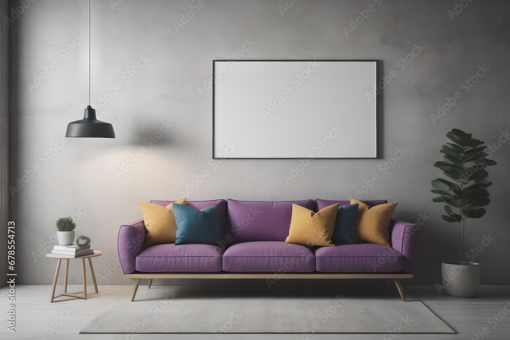 Violet sofa against concrete wall with blank mock up poster frame with copy space. Minimalist home interior design of modern living room Violet sofa against concrete wall with blank mock up poster frame with copy space. Minimalist home interior design of modern living room