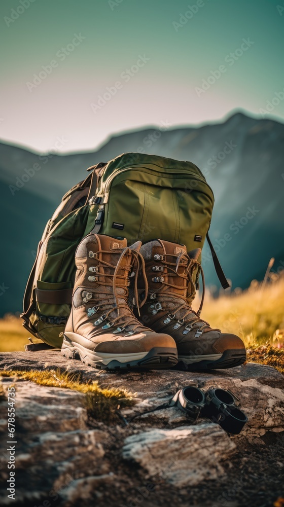 Fototapeta premium low angle shot of a backpack and hiking boots on a mountain