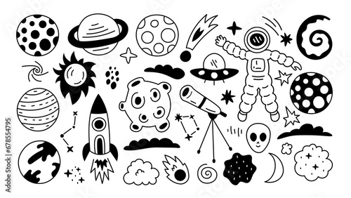 Space doodle design elements set. Black hand drawn line art objects collection with cosmonaut, astronaut, alien, rocket, planets and stars. Childish vector illustration