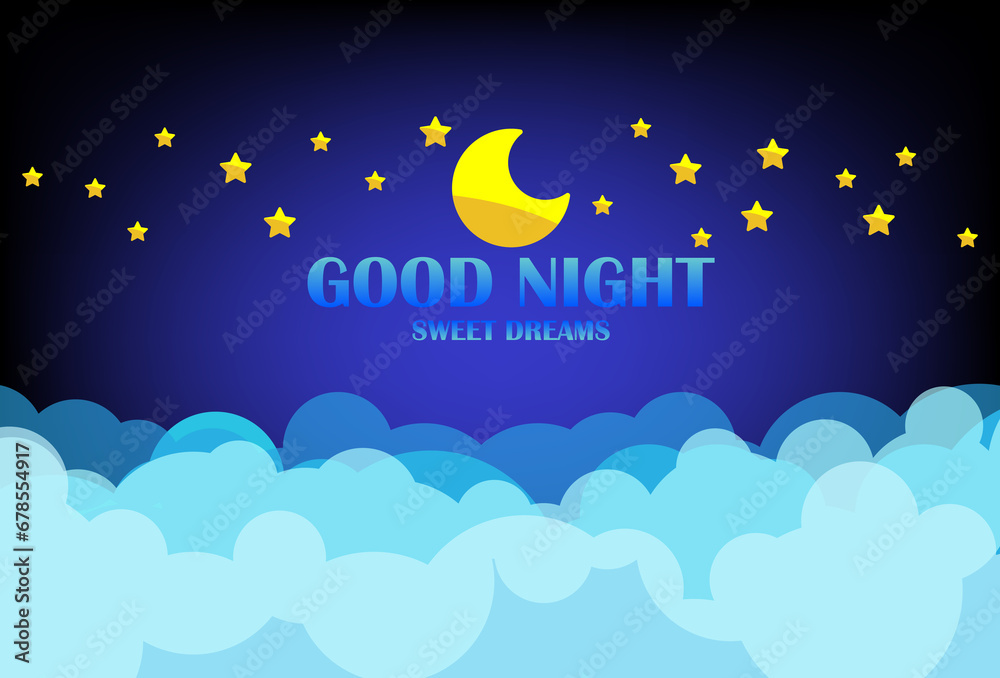 Fototapeta premium Good night and sweet dreams banner. Clouds on dark sky background with moon and stars. 