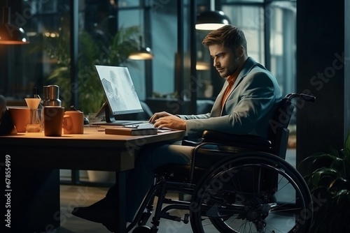 Businessman in wheelchair working on laptop in the office in the evening alone