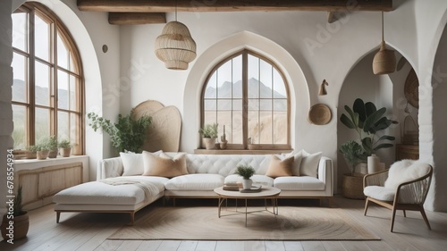 White sofa in boho style room with arched window and stucco walls. Rustic interior design of modern living room © Marko