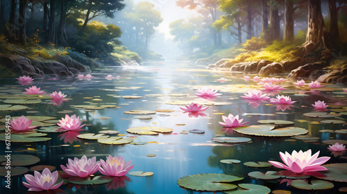 A painting of a pond with pink flowers