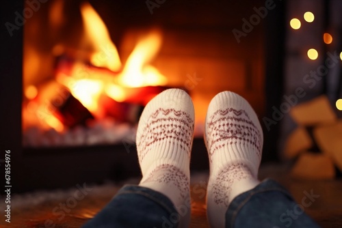 Female feet in white warm socks on the fireplace background. Cozy winter evening at home