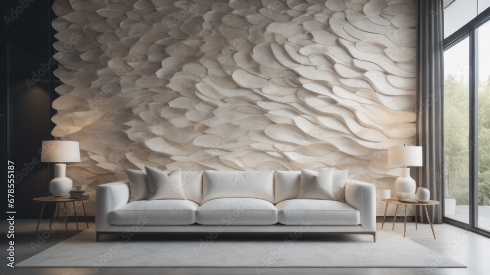 Fototapeta premium White sofa near unique wavy stone 3d panel wall. Luxury interior