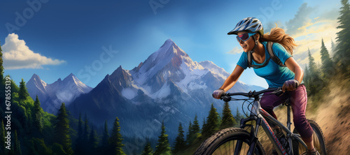 A helmeted woman exuberantly rides her bike against a stunning mountain backdrop, capturing the vibrant colors of nature and immersing viewers in the moment.