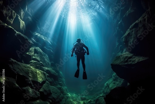 the silhouette of a cave diver against the cave entrance light photo