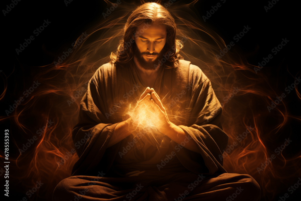Jesus praying in front of the flames, capturing a powerful and spiritual scene. Jesus praying in front of the flames, capturing a powerful and spiritual scene.