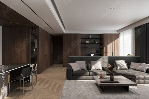 Simple and Philosophic interior in an apartment with Black and White Theme  3D rendering