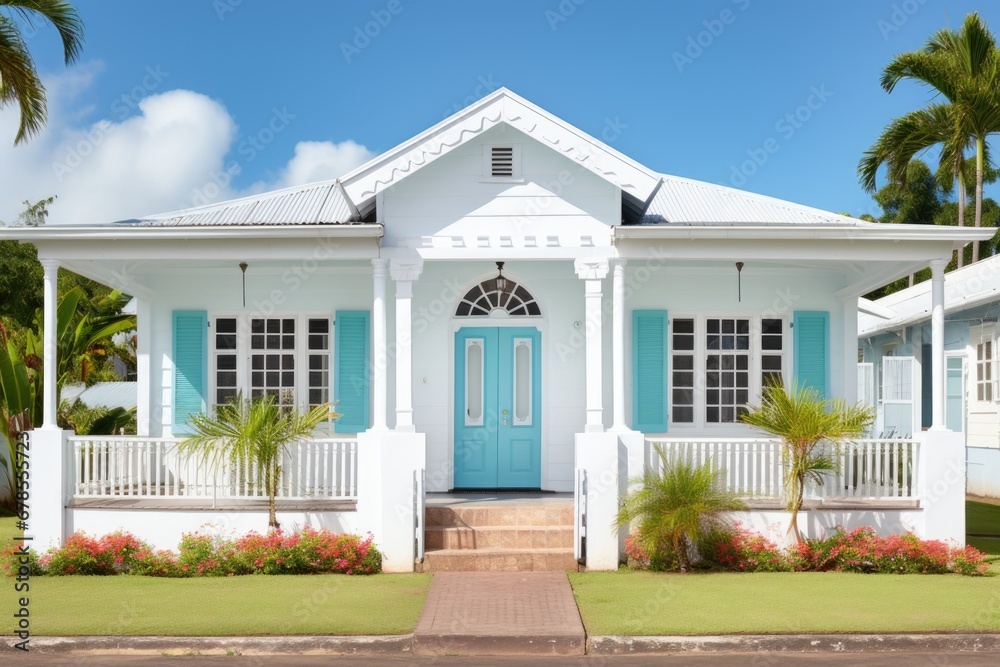 colonial house, white exterior and blue central front door