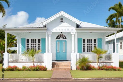 colonial house  white exterior and blue central front door