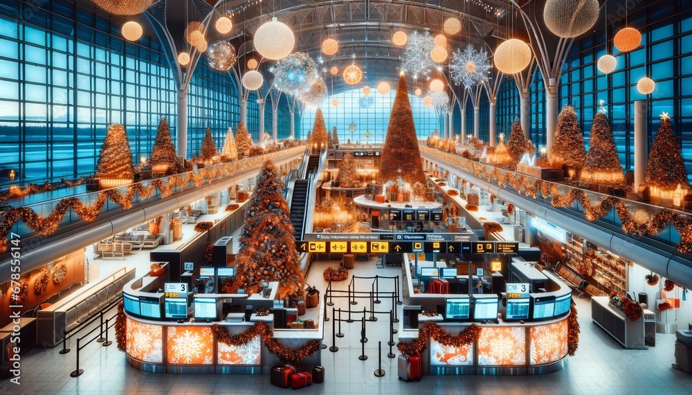 Christmas-themed airport scene.