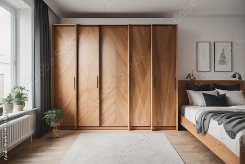 Wooden wardrobe with black marble doors in scandinavian style interior design of modern bedroom © Marko