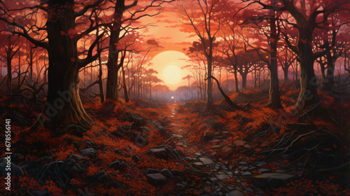 A painting of a sunset in a forest