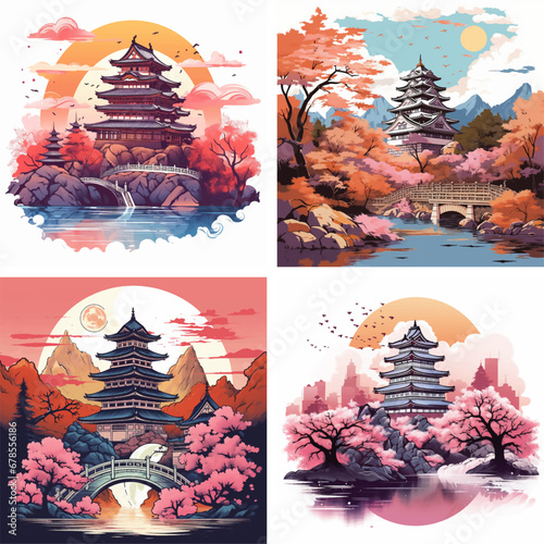 ink oriental japan japanese religion watercolor sunrise silhouette scenery image tower china 