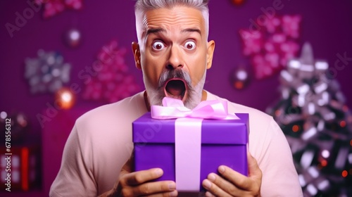 surprised face, joyful man with a gift in his hands, on a feolet background, banner photo