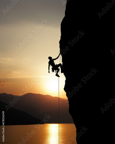 Man Conquering the Majestic Mountain Peaks in the Golden Glow of Sunset, outdoor adventure concept wallpaper,  © kiddsgn