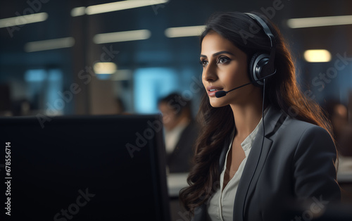 Portrait of young Indian woman call center agent in office