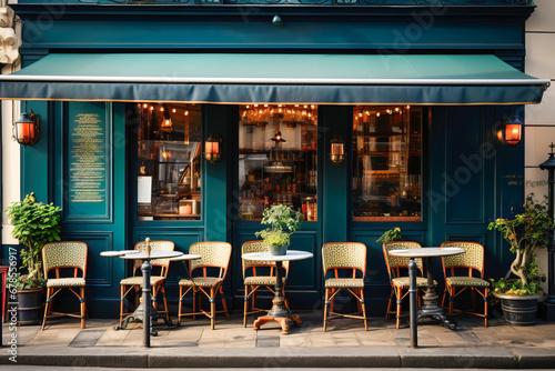 Exterior facade of a traditional European cafe with outdoor terrace