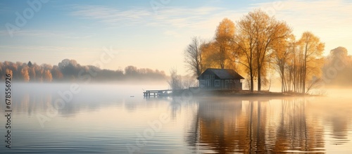 Fall morning lake fog