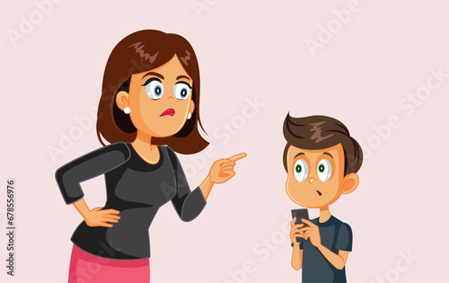 Mother Fighting with her Son over Screen Time Vector Cartoon Illustration. Mom feeling upset because of her little boy overusing phone 
