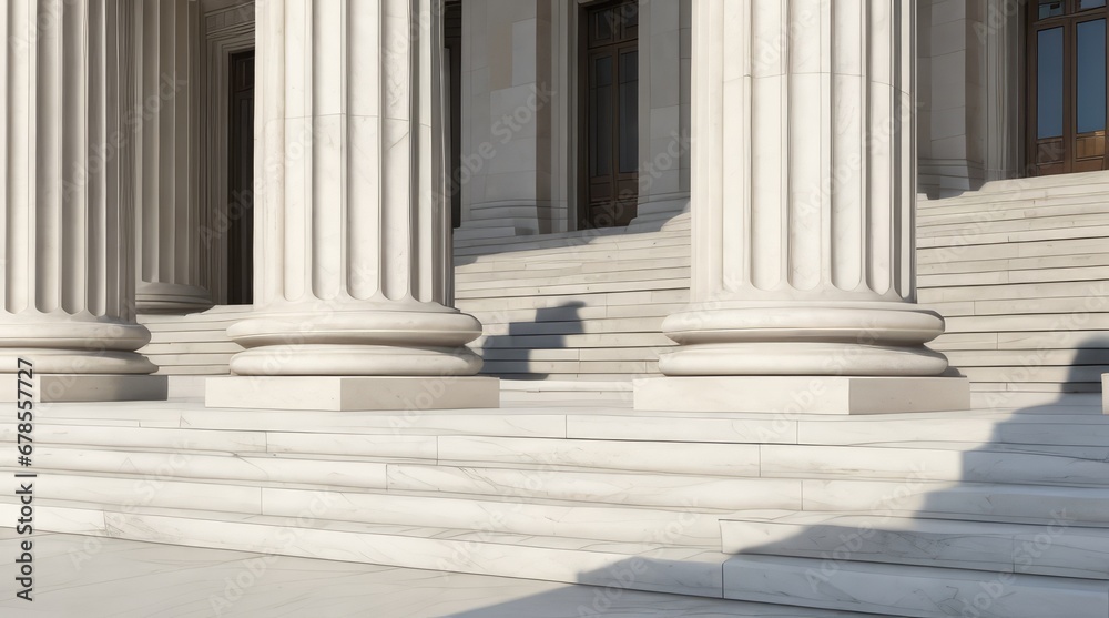 White marble stairs, colonnade, and stone columns of law building with classic, ancient architecture. Copy space for text, advertising, message, logo