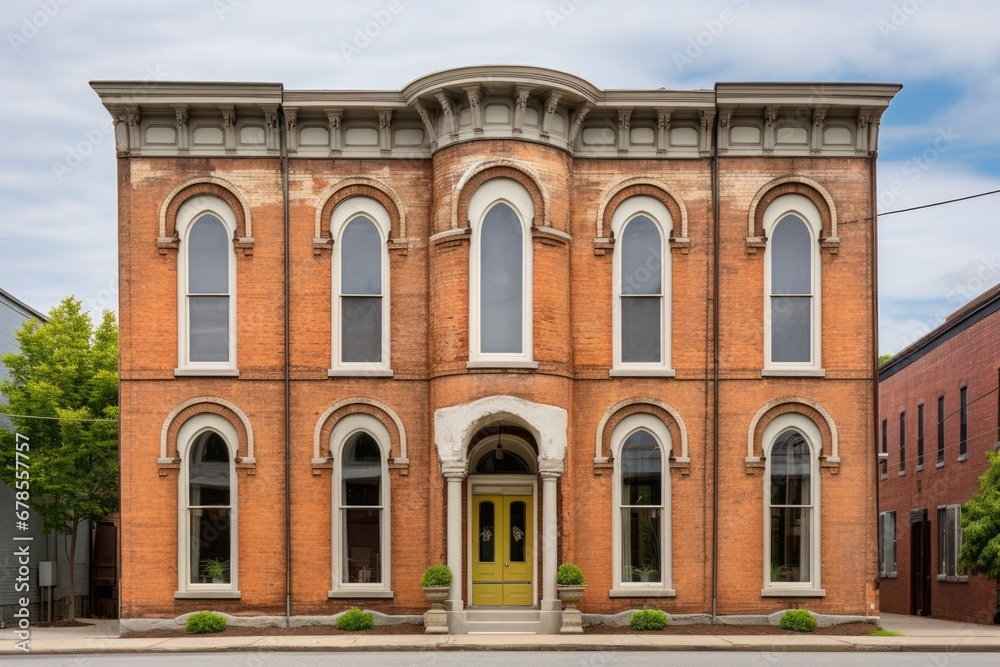 a brick italianate building focusing on its tall, rounded windows