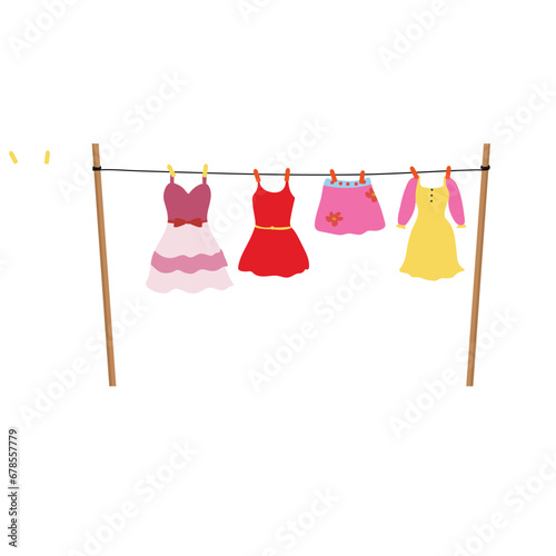 Clothes are dried on a line tied at both ends with sticks.