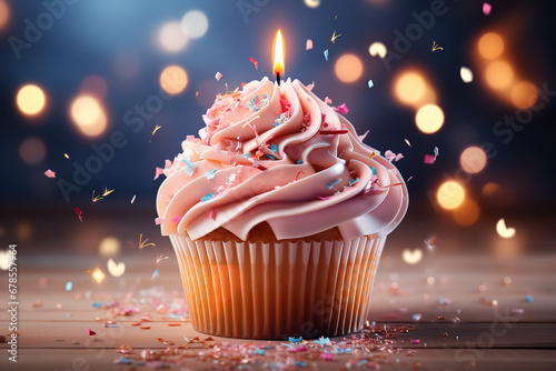 Birthday cupcake with candle illustration ,8k photorealistic, HD render