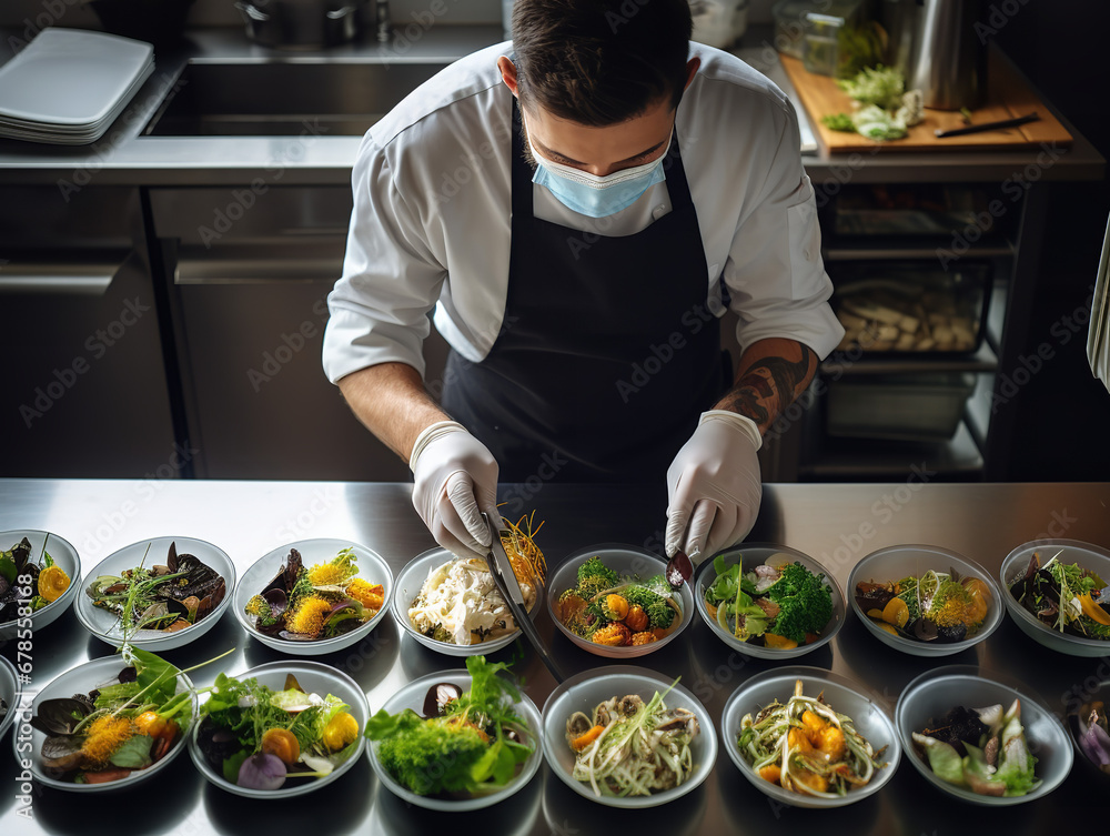 A chef preparing gourmet dishes while wearing eco-friendly tie-on face masks, creative