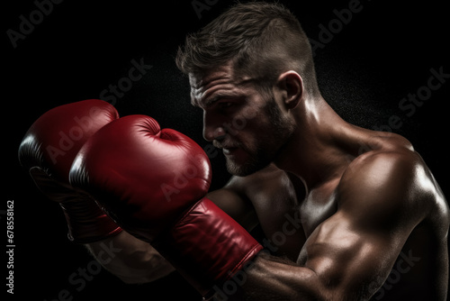 Boxer with an aggressive look in red boxing gloves before a fight against a black background