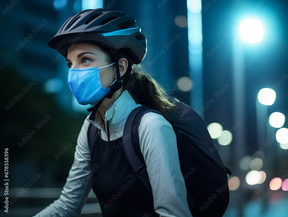 A cyclist in a bustling city, wearing a breathable blue face mask, commuting, city lights A cyclist in a bustling city, wearing a breathable blue face mask, commuting, city lights
