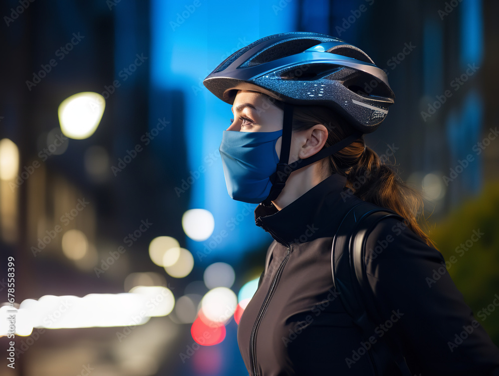  A cyclist in a bustling city, wearing a breathable blue face mask, commuting, city lights
