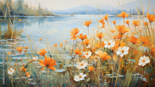 A painting of orange flowers in a field © Hassan