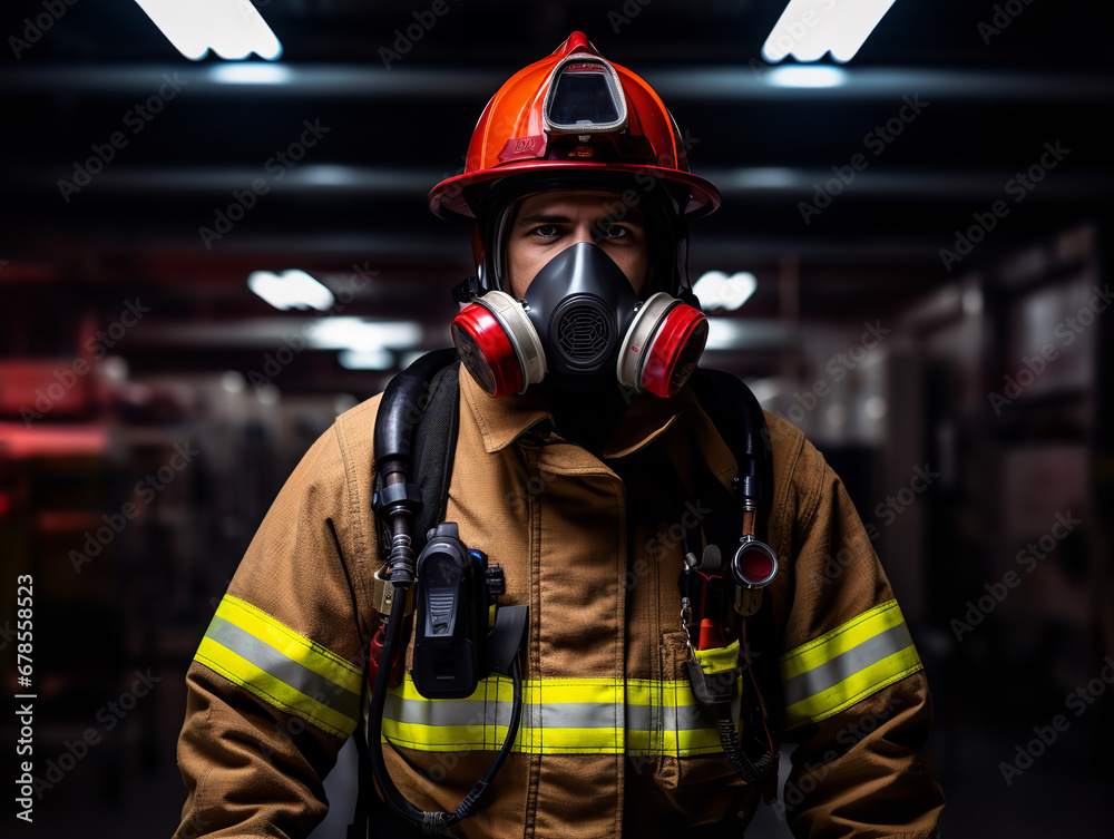 A firefighter confidently wearing a red face mask at a fire station, determined, fluorescent lighting
