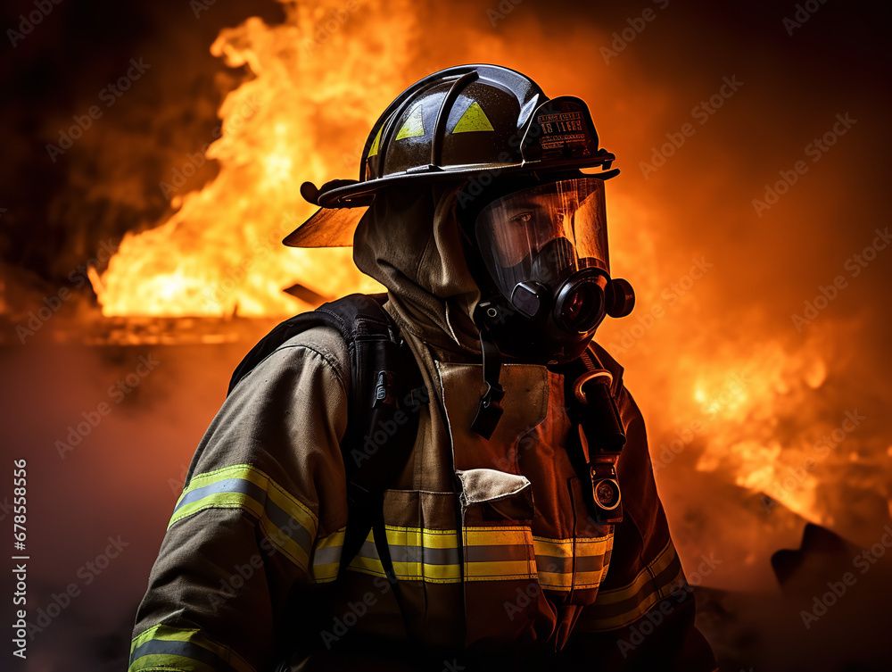 A firefighter wearing a red safety face mask, battling flames in a burning building, determined, intense fire glow A firefighter wearing a red safety face mask, battling flames in a burning building, determined, intense fire glow