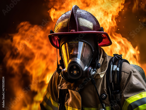 A firefighter wearing a red safety face mask, battling flames in a burning building, determined, intense fire glow