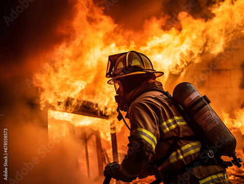 A firefighter wearing a red safety face mask, battling flames in a burning building, determined, intense fire glow