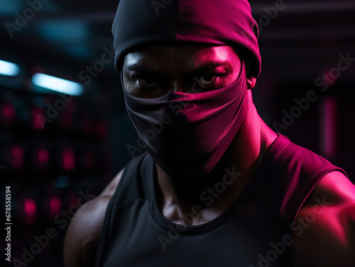 A fitness enthusiast wears a black face mask during a high-intensity workout, focused