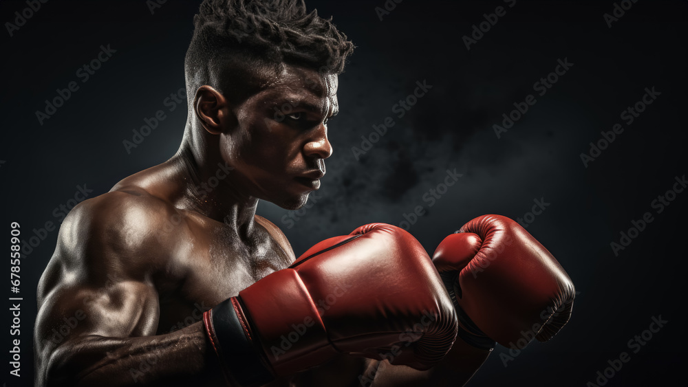 Boxer with an aggressive look in red boxing gloves before a fight against a black background