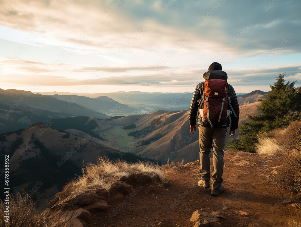 Fototapeta premium A hiker on a mountain trail, determined, natural outdoor lighting, scenic landscape shot