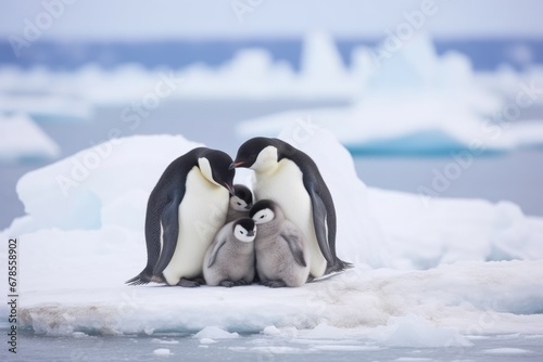 penguins huddled together for warmth in a snowy landscape