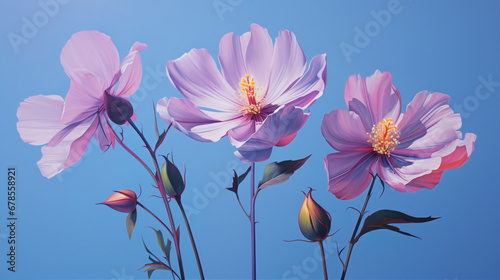 A painting of two pink flowers